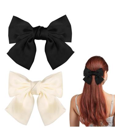 Bow Hair Clip Hair Bows for Women Big Bowknot Hairpin French Hair Clips with Ribbon Vintage Solid Color Hair Barrette Clips Soft Satin Silky Hair Fastener Accessories for Women Girls(Black White)