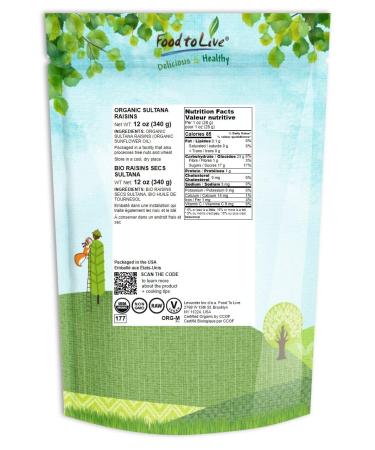 Organic Non-GMO Unsweetened Sultana Raisins 12 oz - Vegan Paleo Friendly - No Sugar Added - Bulk Pack of 1 - Buy Online on SooperMarket.com