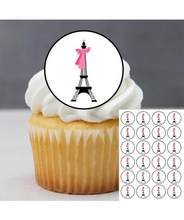 24 Cute Eiffel Tower Cupcake Toppers Paris France Theme #2 PREMIUM THICKNESS SWEETENED VANILLA Wafer Cake Decorations