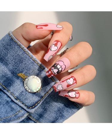 Matte long wrong nails pink heart artificial nails full cover artificial nails with lips print design for women and teen girls 24pcs