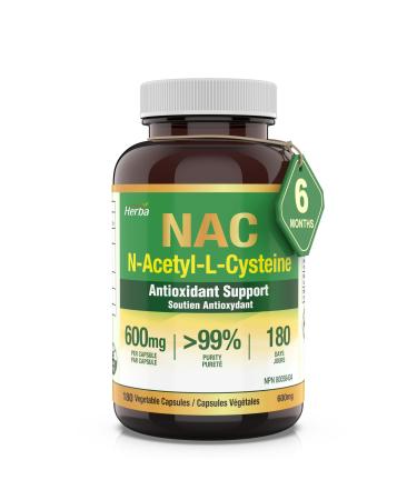 Herba NAC Supplement 600mg 180 Vegetable Capsules | N-Acetyl-L-Cysteine | NAC Supplement 600 mg for Antioxidant | Premium & Pure | Product of Canada | 180 Capsules