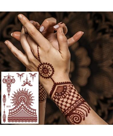 Henna Temporary Tattoos for Women Brown Indian Style Henna Tattoos Stickers Waterproof Lace Mandala Flower Elephant Exquisite Design Henna Tattoos for Body Face Arm Decorations 6 Sheets