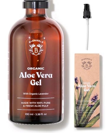 Bionoble Organic Aloe Vera Gel 100ml - Made with 100% Pure Fresh Aloe Pulp and Organic Lavender - Xanthan Free - Face Eye Contour Body Hair - Glass Bottle + Pump GEL 100 ml (Pack of 1)
