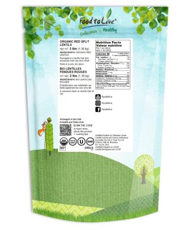 Organic Red Split Lentils 3lb - Non-GMO Masoor Dal, Vegan & Kosher - High Fiber & Protein, No Soaking - Ideal for Soups, Dhal & Curries - Buy Online on SooperMarket.com