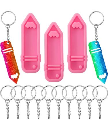 3 Pieces Pencil Shape Silicone Molds Jewelry Making Keycahin Polymer Clay Mold Chocolate Candy Clay Moulds  10 Pieces Key Rings with Chains for Office Baking Crafts Keycahin Decoration  Pink