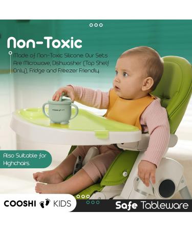Cooshi Kids 9 Piece Baby Self Feeding Tableware Set - Divided Suction Plate, Suction Bowl, Sippy Cup, Bib, Placemat, Weaning Fork + Spoon + Kids Spoon + Fork Set - Green - Buy Online on SooperMarket.com