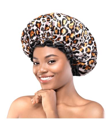 Mikimini Leopard Large shower hoods 2-pack shower hood for women with long hair with black lace double-fed waterproof reusable washable XL (2 Pack) Leopard