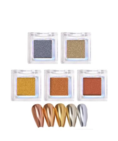 Chrome Nail Powder 5 Boxes Metallic Mirror Effect Nail Powder Holographic Gold Shiny Nail Glitter Pigment Powder for DIY Nail Decoration Salon Home