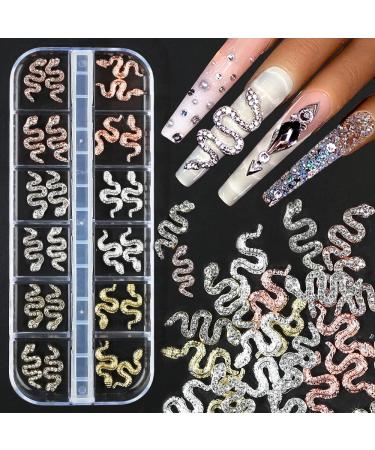 24 pcs/Box 3D Snake Nail Charms with Rhinestones  Gold Silver Snake Nail Gems Alloy Nail Art Charms Shiny Diamonds Metal Snakes Nail Art Decorations Accessories DIY Nails Jewelry Making Kit