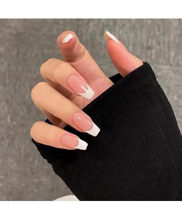 French Tip False Nails 24PCS | Medium Square Nude & White Fake Nails with Jelly Glue - Press on Nails for Women & Girls - Buy Online on SooperMarket.com