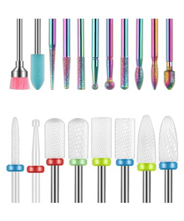 19pcs Nail Drill Bits Sets, 3/32 Inch Diamond Cuticle Electric Nail File and Ceramic Acrylic Gel Nail Bit Kit, Acrylic Nail Art Tools, Carbide Cuticle Remover Bits for Manicure Pedicure, Home Salon