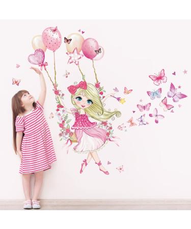 wondever Girl on Swing Wall Stickers Butterfly Flower Ballons Peel and Stick Wall Art Decals for Girls Bedroom Kids Room Baby Nursery