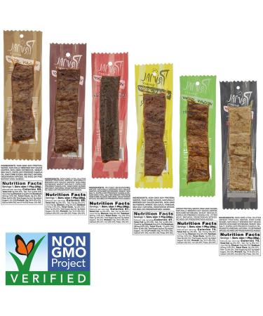 Primal Spirit Vegan Jerky Sampler Pack - Plant Based Protein - Non-GMO - 24-Pack 1 oz - Thai Peanut, Mesquite Lime, Teriyaki, Hot & Spicy, Hickory Smoked, Texas BBQ - Buy Online on SooperMarket.com