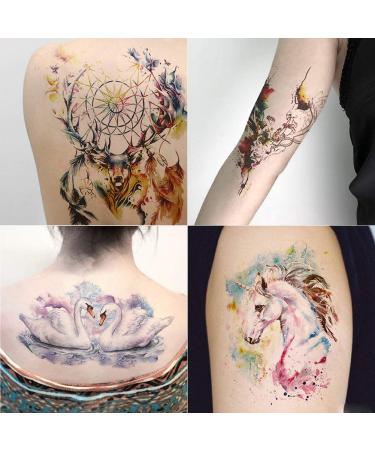 Oottati Fairy Tales Animal Temporary Tattoo Kit - Pink Unicorn Swan Deer Elf Wolf Owl Eagle Elephant Sun Flower Arm - 12 Sheets - Buy Online on SooperMarket.com