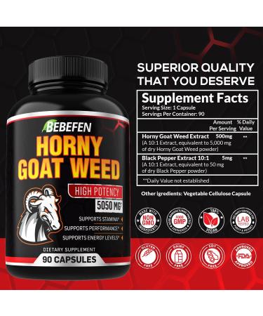 Horny Goat Weed Capsules 5050mg with Black Pepper Extract - 90 Capsules for Energy & Performance - 3 Month Supply - Buy Online on SooperMarket.com