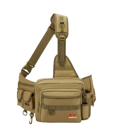 Piscifun Fishing Tackle Bag Sling Fishing Storage Pack with Rod Holder Water-Resistant Cross Body Sling Bag with D-Rings and Waist Strap Available in Black Khaki Tree Camo Green Camo