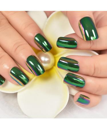 Chrome Green Short Square Press On Nails - Electroplate Design Daily Wear Fake Manicure (24pcs) - Buy Online on SooperMarket.com