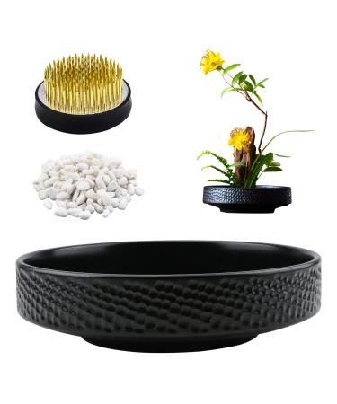 WANDIC Flower Arranging Supplies  Round Flower Frog & Ceramic Flower Pot Hammer-Pattern Black Flower Arrangement Pot for Ikebana Floral Art Home Office Decoration Style 2