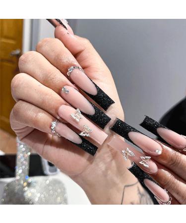 Long Black False Nails 24PCS French Tip False Nails Square Butterfly Full Cover Press on Nails with Jelly Glue Glitter Diamond Stick on Nails for Women Girls Nails Art Long Black & Butterfly