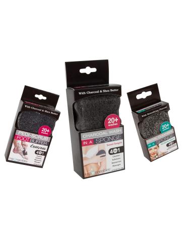 Spongeables Ultimate Charcoal Detoxifying Spa Set The Soap is in the Sponge includes Facial Body and Pedi-Scrub Sponges Paraben- and Cruelty-Free Lasts for 20+ Washes Variety Pack 3 Count
