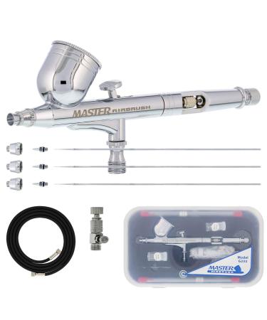 Master Airbrush Master Performance G233 Pro Set with 3 Nozzle Sets (0.2  0.3 & 0.5mm Needles  Fluid Tips and Air Caps) and Air Hose - Dual-Action Gravity Feed Airbrush with 1/3 oz Cup  Cutaway Handle