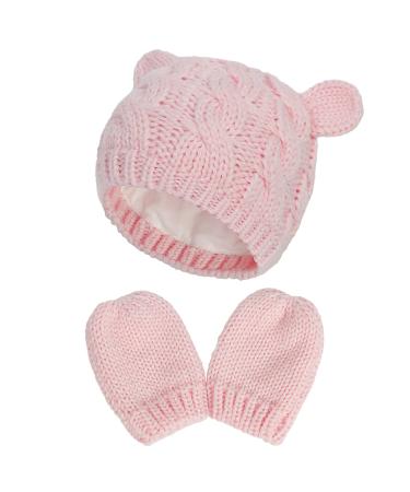XYIYI Newborn Baby Winter Beanie Hat Mitten Set Infant Toddler Warm Knitted Hat Glove Set for Boys Girls 3-6 Months Pink