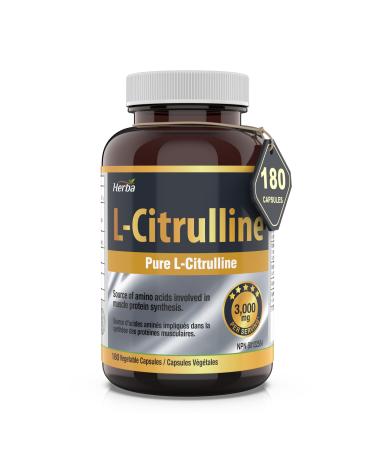 Herba L-Citrulline Capsules 750mg 180 Vegetable Capsules | 3 000mg Per Serving | Pure L Citrulline Nitric Oxide Supplement | NPN from Health Canada | Made & 3rd Party Tested in Canada
