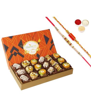 Ghasitaram Gifts Jaiccha Rakhi for Brother Exotic Dryfruit Sweets in Designer Box 18pcs with 2 Rakhis