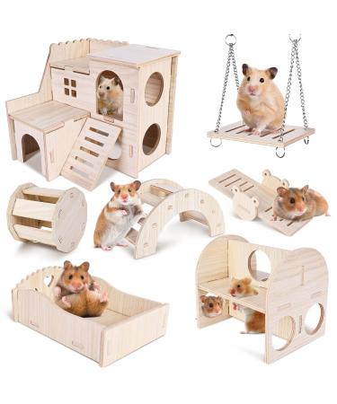 Vegena hamster toys hamster house 7 pieces DIY hamster cake stuff made of wood guinea pig toy toy bell roller bridge rocker swing hamster accessories for racing mice Dwarfhamster chinchillas