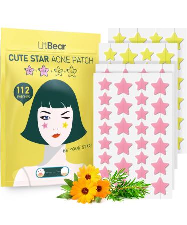 Acne Patch Pimple Patch LitBear Pink & Yellow Star Shaped Acne Absorbing Cover Patch Hydrocolloid Acne Patches For Face Zit Patch Acne Dots Tea Tree Oil + Centella 112 Patches 14mm & 10mm Cute Pink & Yellow Star