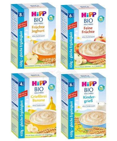 Hipp Organic Milk Porridge Mix 4 Varieties: Children's Semolina Fine Fruits Banana and Fruit Yoghurt (4 x 450g)