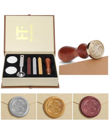 Mingting Wax Seal Stamp Kit Mingting Classical Old-Fashioned Antique Wax Stamp Seal Kit Initial Letters Alphabet Set Gift Box with Vintage Wooden Handle and Brass Color Head(S)