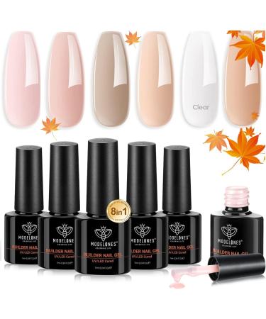 Modelones Builder Nail Gel 6 Colors 8-in-1 Set for Nails Hard Strengthener Extension Color Base Rhinestone False Tips Glue in a Bottle Gifts Women Clear Nude Pink