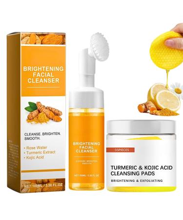 Turmeric Facial Cleanser Set Kojic Acid & Turmeric Face Wash Foaming Cleanser + Turmeric Kojic Acid Cleansing Pads Turmeric and Kojic Acid Cleansing Pads + Foaming Face Wash Acne Dark Spots