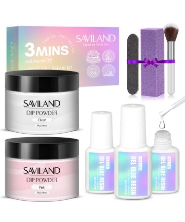 Saviland 60g Nail Repair Kit for Broken Damaged Nails: 3 Mins Air Dry Quick & Easy Instant Broken Nail Repair Natural Clear & Pink Dip Powder with 21ml Nail Repair Glue Emergency Home & Salon Use