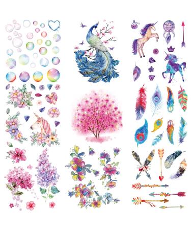 Oottati 9 sheets Waterproof Temporary Tattoo Stickers Colorful Bubble Flower Peacock Unicorn Arrow Feather Pink Tree suit for Arm Shoulder Face