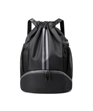 Qoosea Drawstring Backpack Sports Gym Sackpack with Side Mesh Pockets Shoe Compartment Water Resistant String Bag for Women Men (Black)
