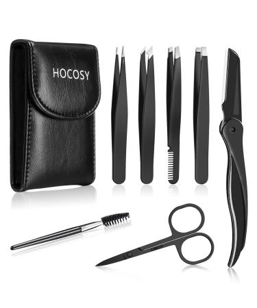 Eyebrow Tweezers Set HOCOSY 7 in 1 Eyebrow Kit includes Eyebrow Scissors Brush Eyebrow Razor Stainless Steel Best Precision Eyebrow Shaper Trimmer for Ingrown Hair with Leather Travel Case