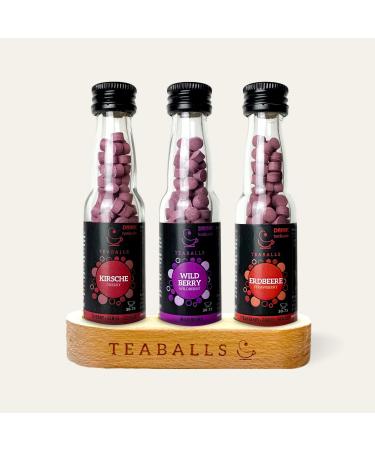 TEABALLS - Trio Fruits Black Selection Cherry Wildberry Strawberry (3 x 15 g) | 3 Black Bundle Including Wooden Stand | 90 - 225 Cups of Tea