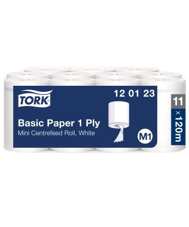 Tork 120123 Standard paper wipers for M1 Mini Donations with interior rolling - paper towels in white 1 -layer & unadited - 11 rolls x 120 meters imperforted (21.5 cm) 11 x 120m universal single