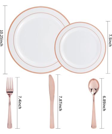 WDF 125PCS Rose Gold Plastic Silverware & Disposable Plates Set - Ideal for Wedding, Party, Christmas - Includes 25 Dinner Plates, 25 Salad Plates, 25 Forks, 25 Knives, 25 Spoons - Buy Online on SooperMarket.com