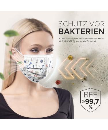 HARD 100 Piece Disposable Face Masks | Made in Germany | CE Certified | Triple Layer Filtration | Floral Design | Elastic Earloops | Adults | 17.5cm x 9.5cm - Buy Online on SooperMarket.com