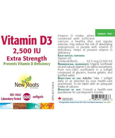 New Roots Herbal - Vitamin D3 2500 IU Extra Strength 600 Softgels - Helps to Prevent Vitamin D Deficiency - Helps in the Development and Maintenance of Bones and Teeth - Support Immune Function 600 count (Pack of 1) 2500 IU - Buy Online on SooperMarket.com