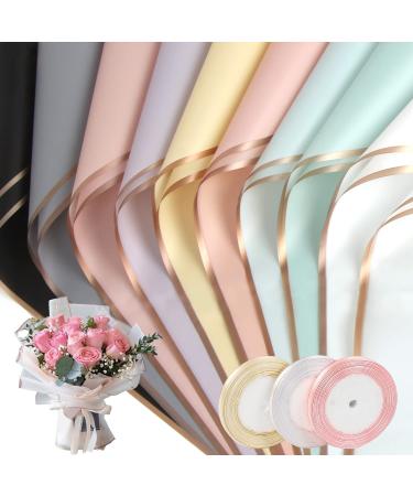 CCINEE 60 Sheets Gold Edge Flower Wrapping Paper Waterproof Fresh Flower Packing Material with Ribbon Florist Bouquet Supplies DIY Craft Gift Packing 10 Colors Golden Edge-60Sheet/10Colors(3PCS Ribbon)