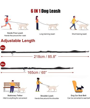 Hands Free Running Dog Lead - Retractable 7FT Long Training Leash for Medium Large Dogs - Reflective Nylon Tape - Ideal for Walking, Hiking, Jogging - Car Seat Belt Leash - Black - Buy Online on SooperMarket.com