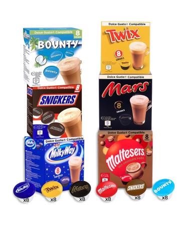 Mars Hot Chocolate Pods XL Bundle - Dolce Gusto Compatible Pods - (NEW Additions) Snickers Bounty Mars Twix Milky Way & Maltesers - 48 Pods (8 x 6)