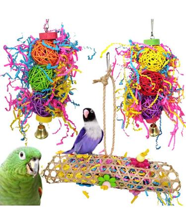 3 Packs Bird Parrot Toys Bird Chewing Foraging Shredder Toy Bird Cage Hammock Hanging Swing with Bells for Small Bird Parakeets Cockatiels Conures Budgie Lovebirds Hummingbird