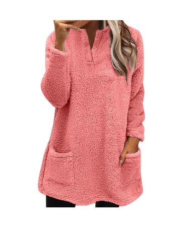 AMhomely Ladies Womens Soft Teddy Fleece Hooded Jumper Plus Size Double Fleece Casual Hoodies With Pocket V Neck Soft Fleece Hooded Sweatshirts Plain Pullover Tops Winter Lightweight Lounge Tops 03 Pink S