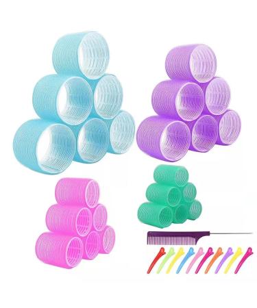 Jumbo Hair Rollers Set Hair Rollers Self Grip Curlers For Long Hair No Heat Curlers Heatless Hair Rollers With Clips & Comb 24 Packs (Blue Purple Red Green 24Pcs)