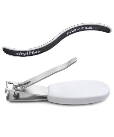 STYLFILE Nipper Clipper with Safety Spy Hole & Curved Baby S-File - Stainless Steel Toddler Manicure Set Designed for Infants Tiny Nails White 2 Count (Pack of 1)